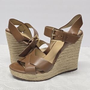 Michael Kors Viola Espadrille Wedge Sandals In Peanut Butter Genuine Leather 7.5